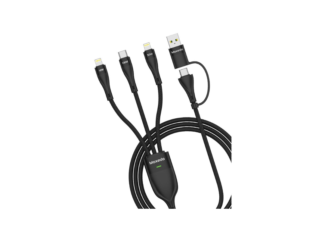Moxedo 3 in 2 Charging Cable Interchangeable USB A, USB C To 2 Lightnig, USB C PD Fast Charging 100W, 1.2m Length Braided Cable, Black MX-NC051 Moxedo 3 in 2 Charging Cable Interchangeable USB A, USB C To 2 Lightnig, USB C PD Fast Charging 100W, 1.2m Length Braided Cable, Black MX-NC051